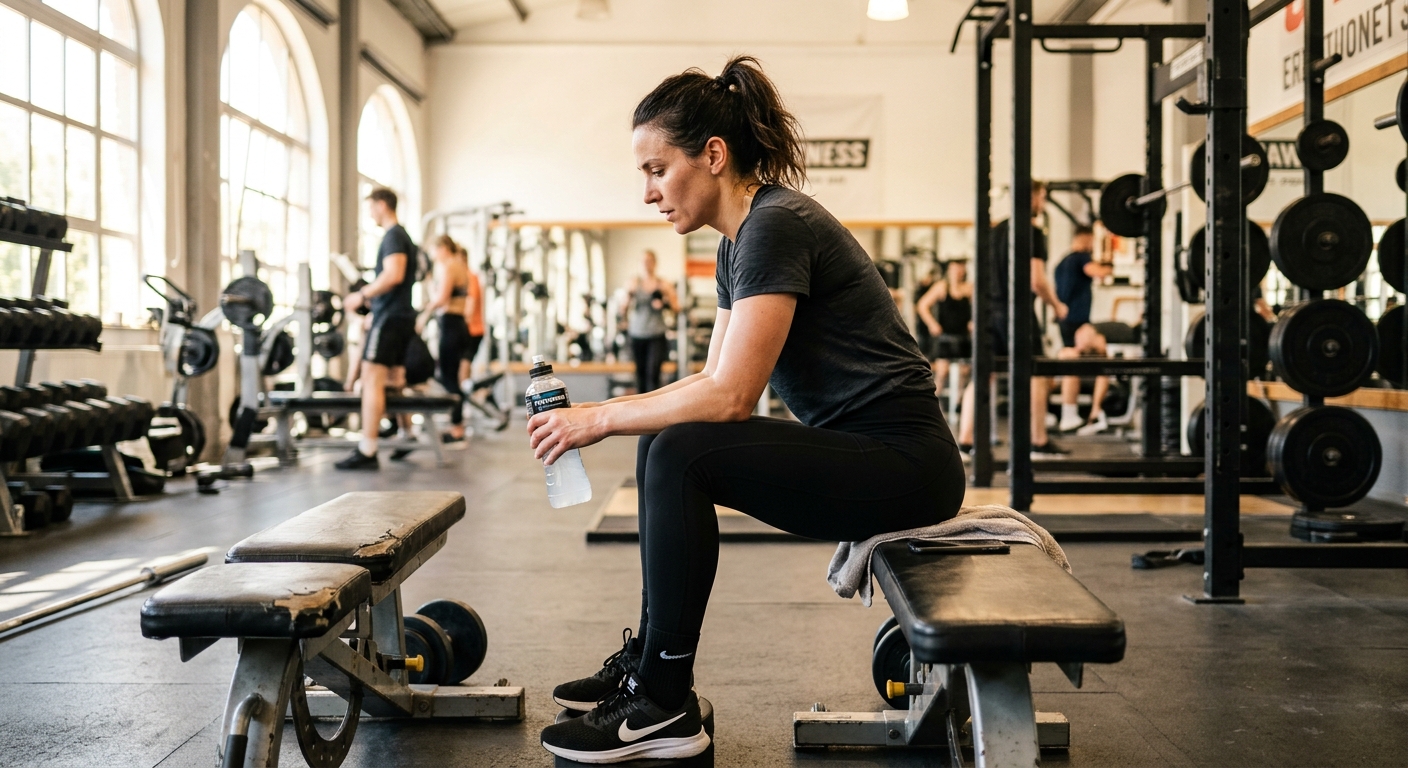 Atleet in de sportschool kijkt nadenkend weg terwijl hij rust tussen trainingssets.