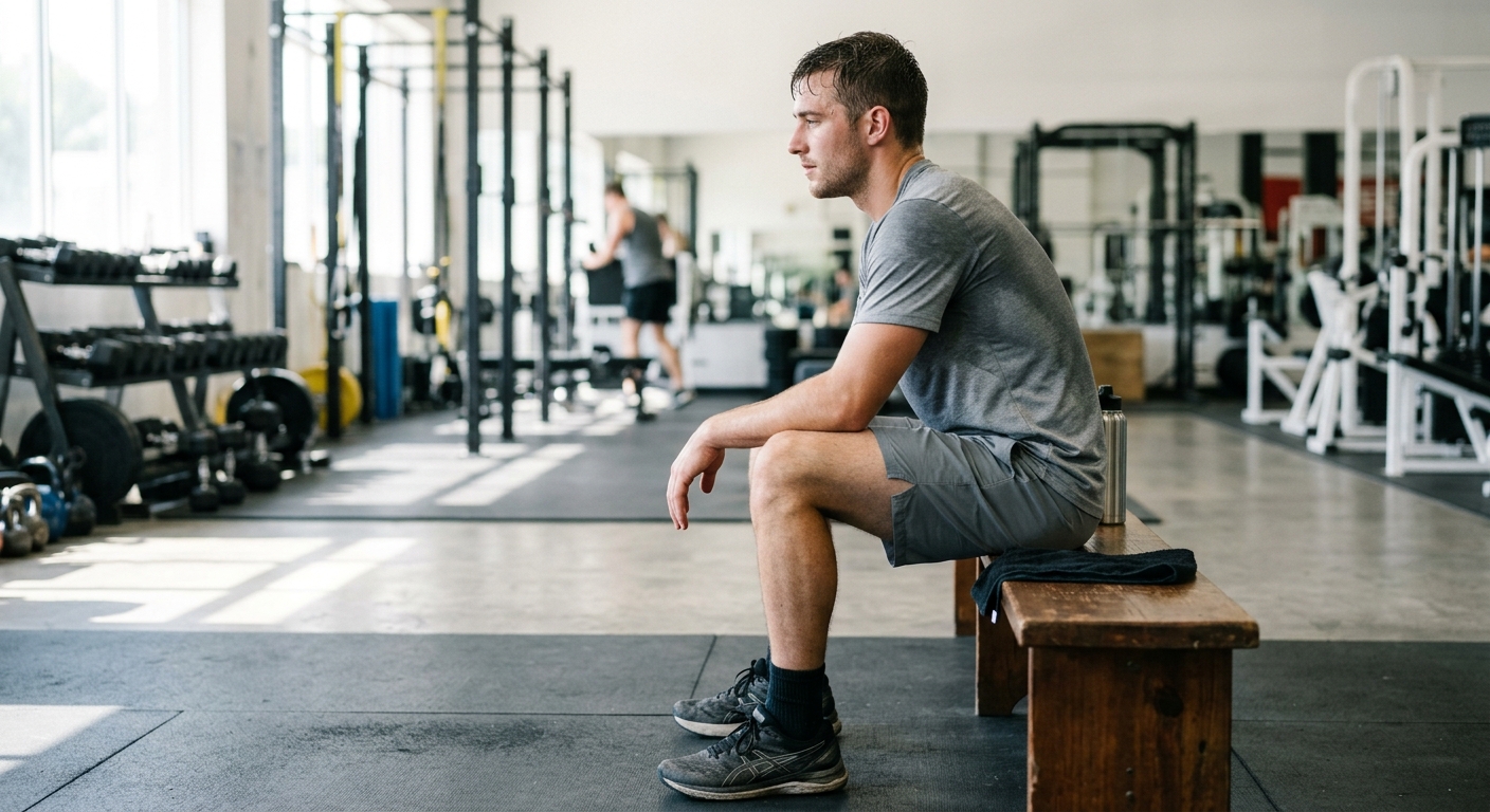 Atleet zit ontspannen op een bankje in de sporthal, met ontspannen schouders na een trainingsessie.