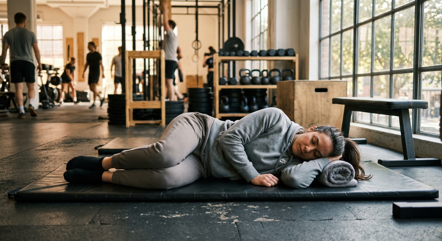 Een sporter slaapt rustig op een sportmat in een trainingsstudio met natuurlijk licht van buiten.