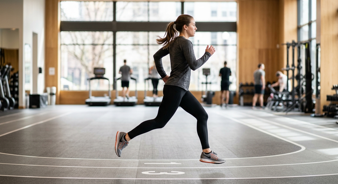 Hardloper in beweging in een sporthal, gezien van opzij, tijdens een trainingssessie.