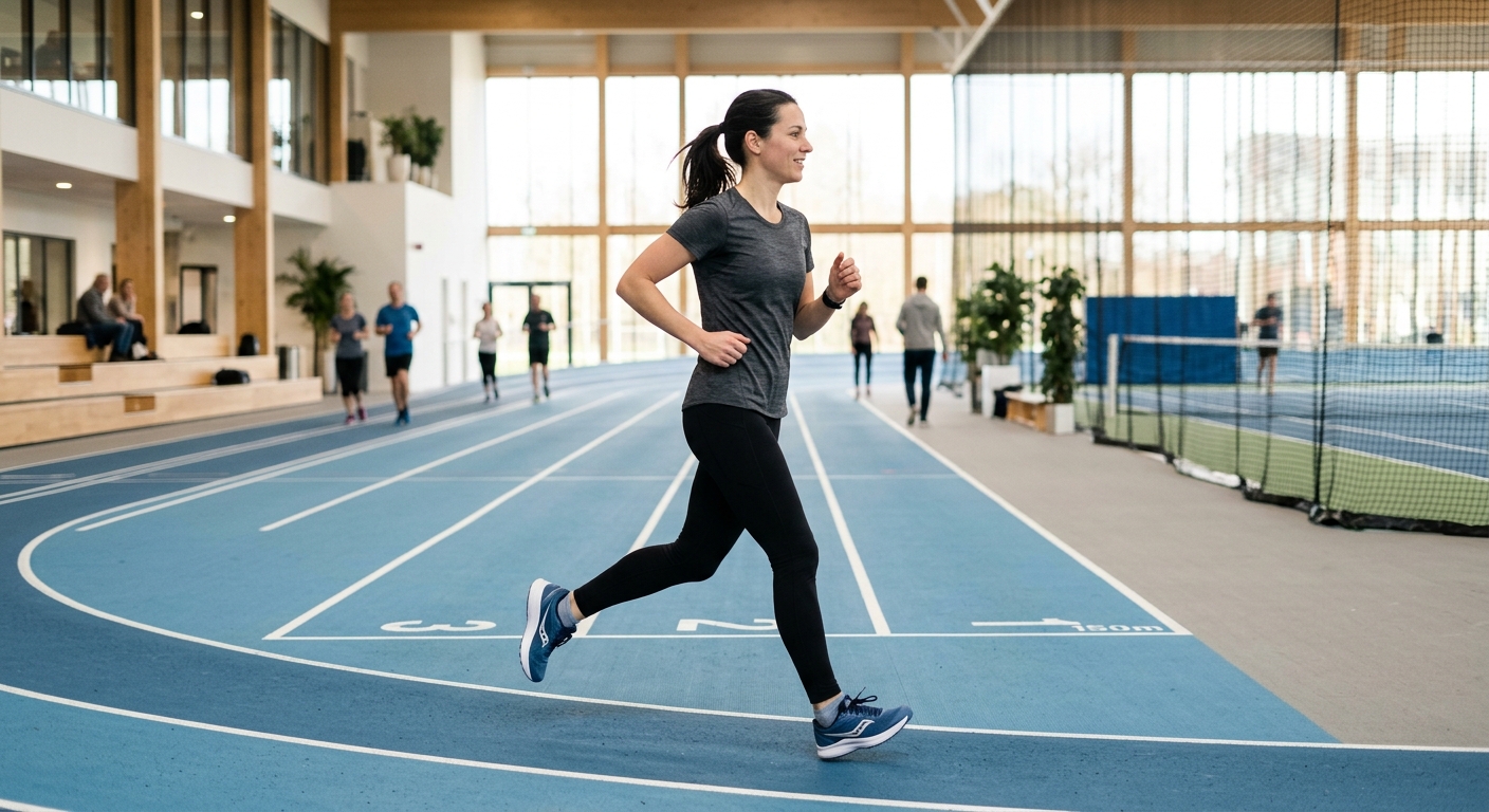 Jogger in een sporthal loopt in een rustig tempo met ontspannen houding, illustrerend het lage intensiteitstraining uit het 8