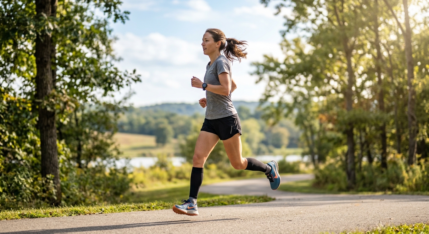 Lopers in neutrale sportkleding joggen in een rustig tempo door natuurlijk licht, demonstrerend zone 2 duurtraining.