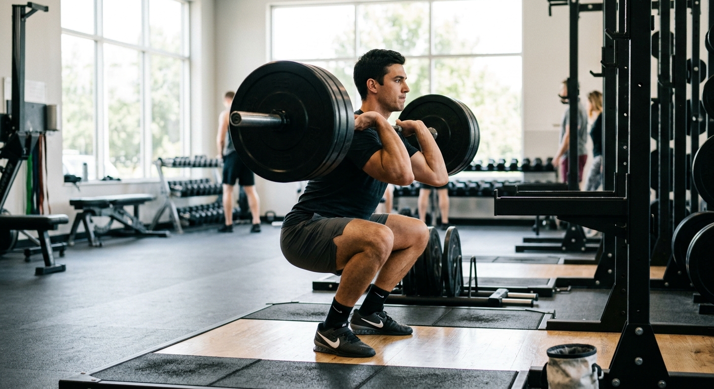 Persoon voert een squat uit met halter in een sportschool, met nadruk op de correcte lichaamspositie en spierbelasting.