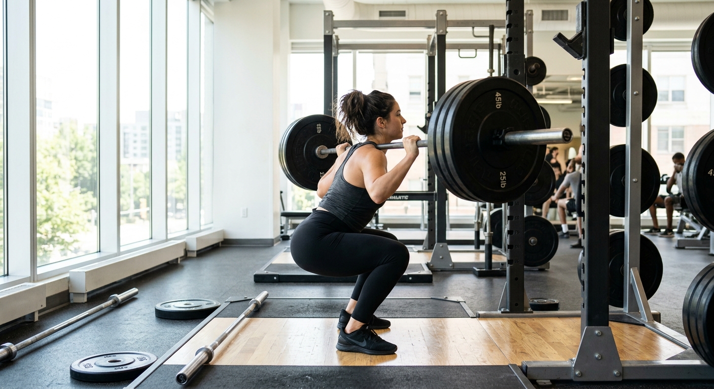 Persoon voert een zware krachtsoefening uit met een barbell, waarbij meerdere spiergroepen tegelijk worden belast.