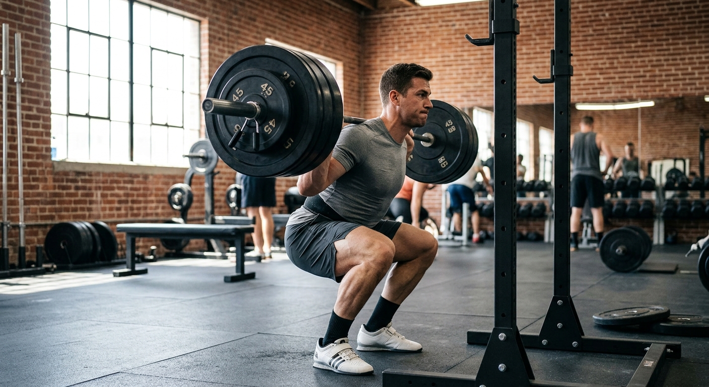 Persoon voert zware squat uit met halter in sportieve omgeving, demonstreert progressieve trainingsbelasting.