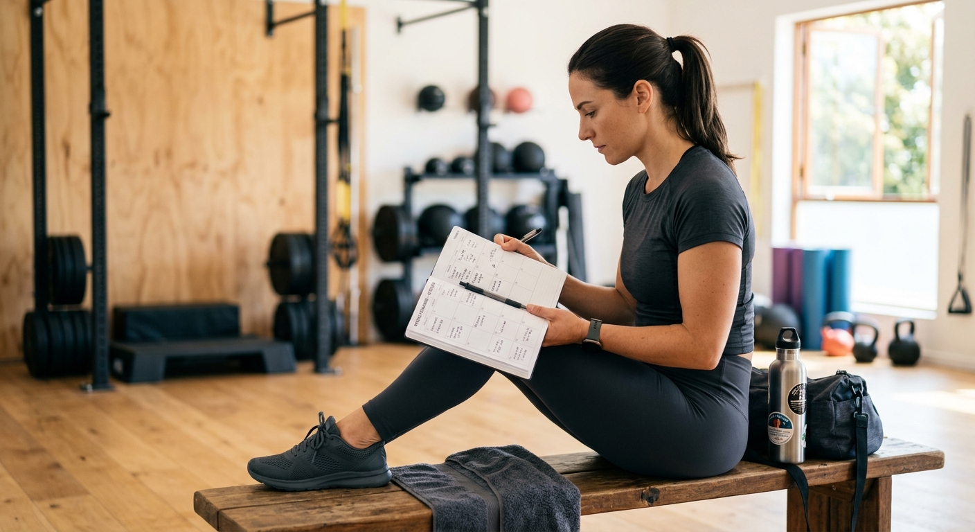 Persoon in sportkleding bekijkt een agenda in een heldere sportschool, illustrerend hoe je trainingsschema aanpast aan je bes