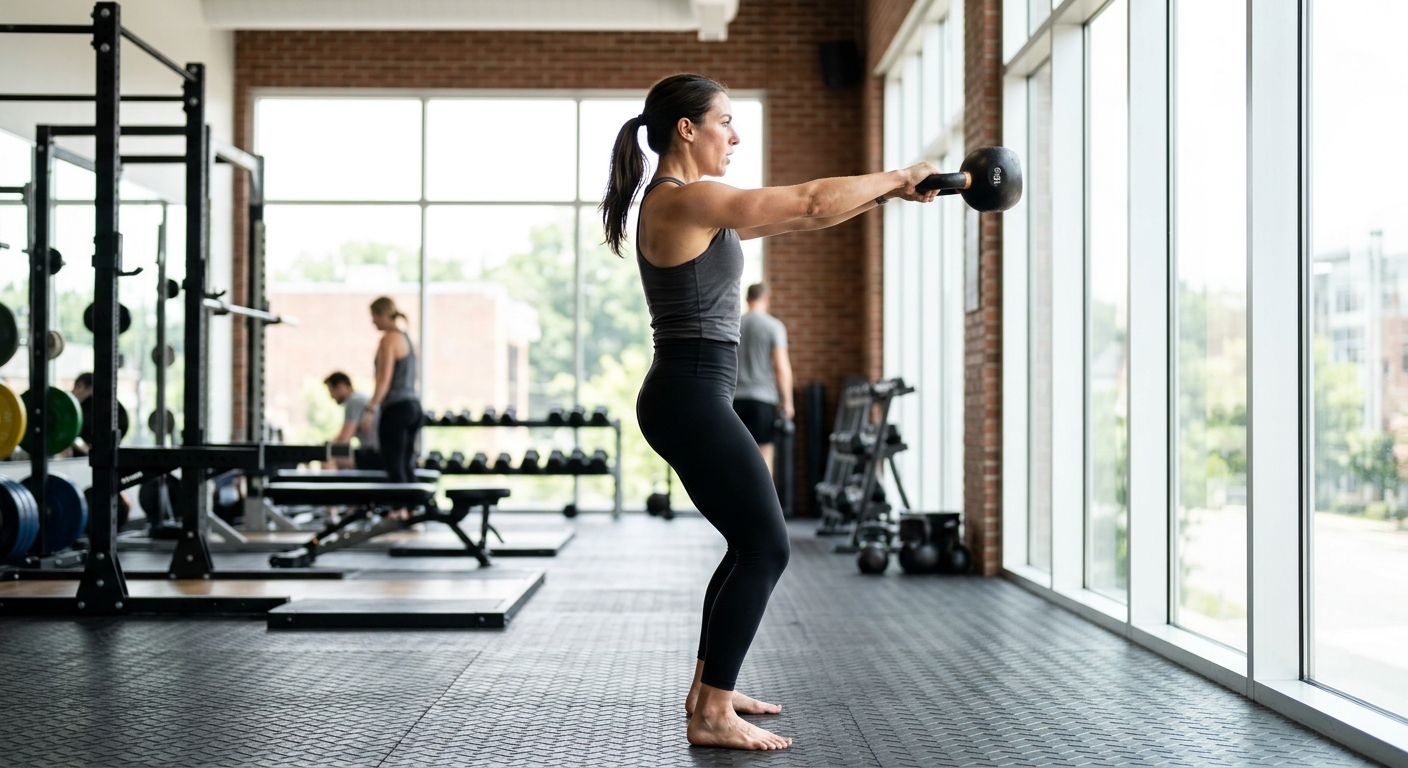 Persoon voert kettlebell swing uit in sportschool met natuurlijk licht, lichaam in dynamische beweging.