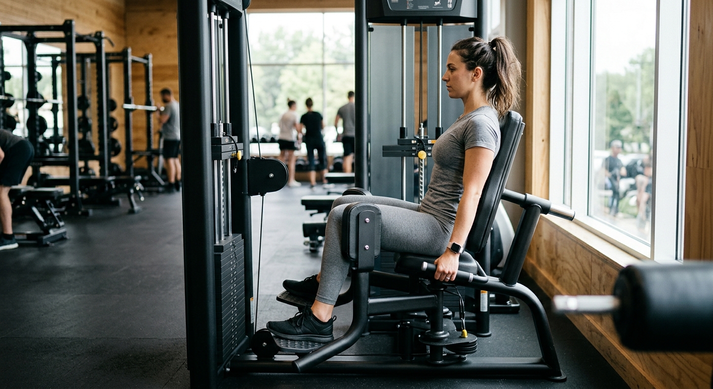 Persoon voert oefening uit op een abductormachine in een sportschool, waarbij de zijkant van het bovenbeen en bilspier worden