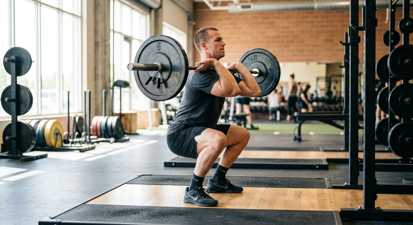 Persoon voert een front squat uit met de halter voor de schouders en een rechte romp.