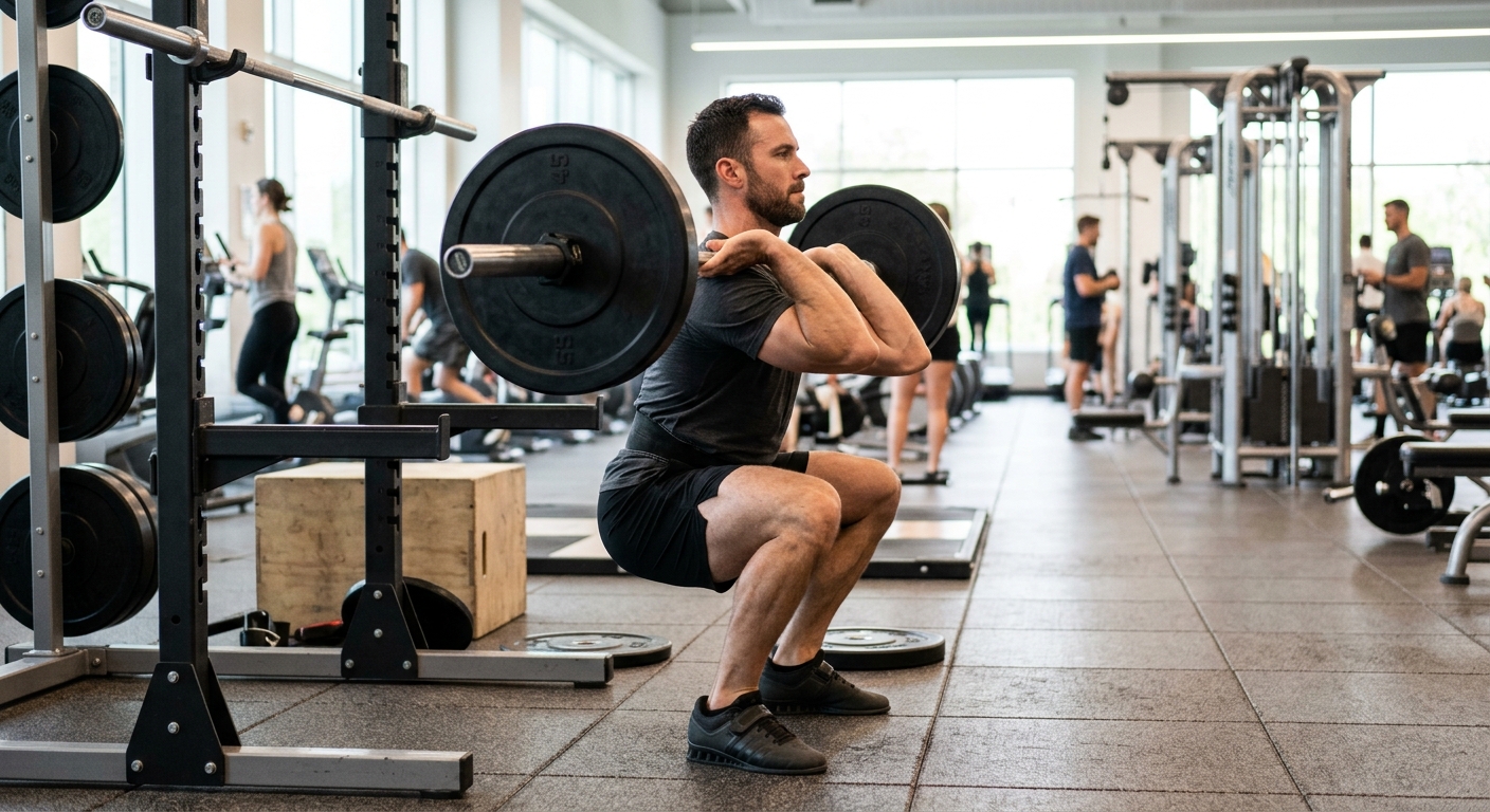 Spierbouw man voert front squat uit met halter, lichaam recht omhoog, ellebogen hoog, in sporthal.