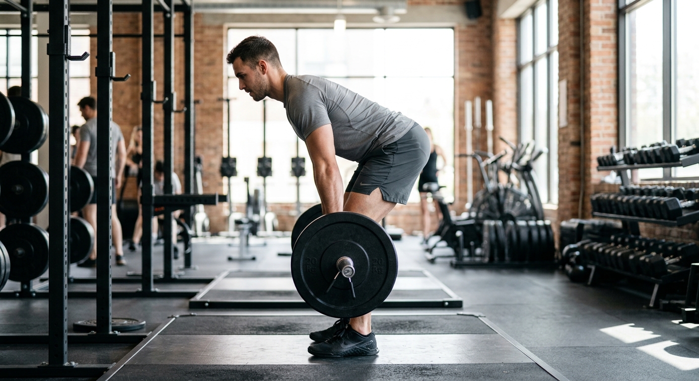 Atleet voert stiff leg deadlift uit met rechte benen, zichtbaar gefocust op de achterkant van het lichaam.
