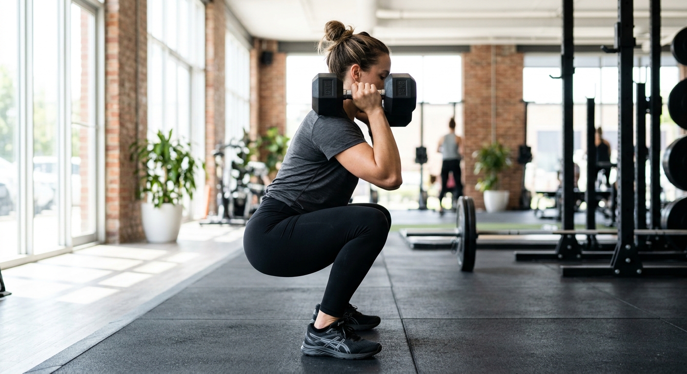 Persoon voert dumbbell squat uit met halters ter hoogte van de schouders in diep gebukte positie.