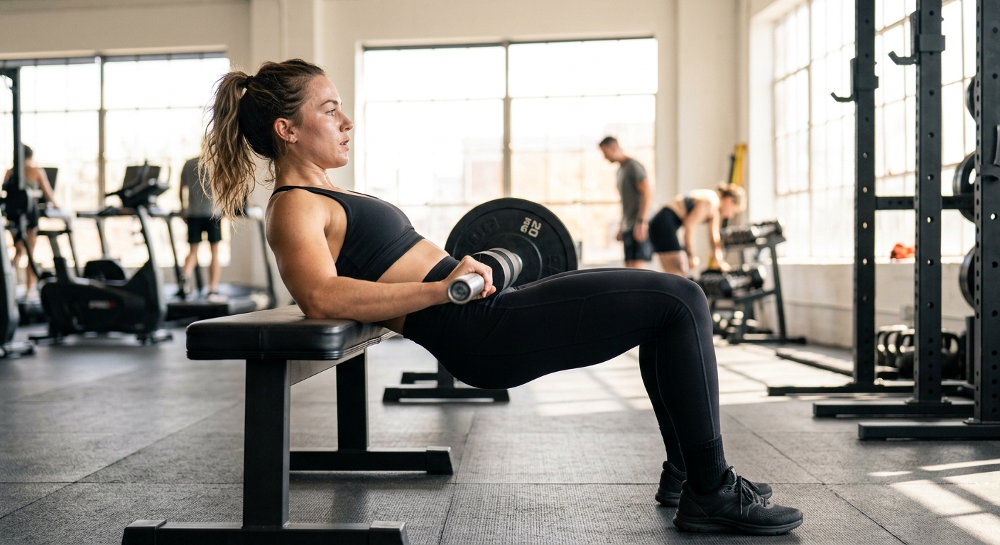 Een persoon voert een hip thrust uit in een sportschool, gezien van opzij tijdens de opwaartse beweging.