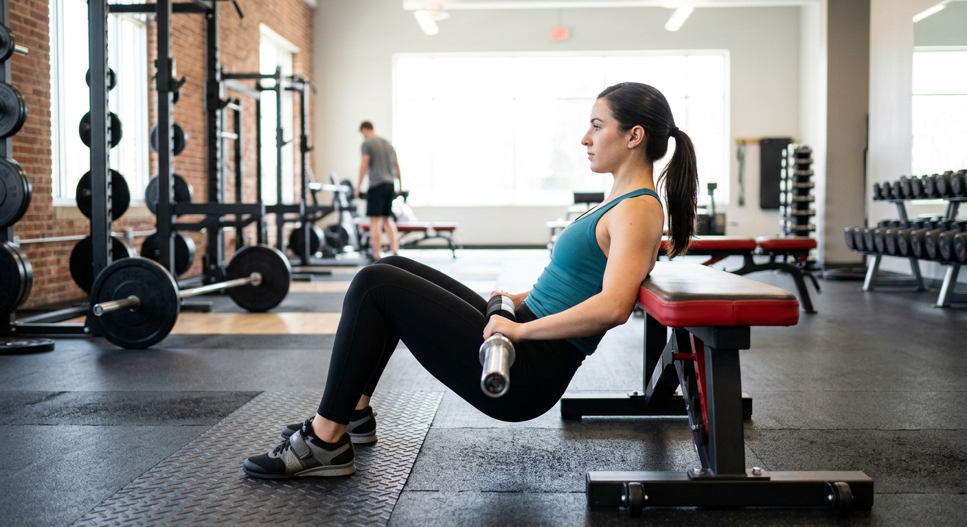Persoon voert hip thrust uit tegen een bankje in sportieve houding met correcte positie van schouders en benen.