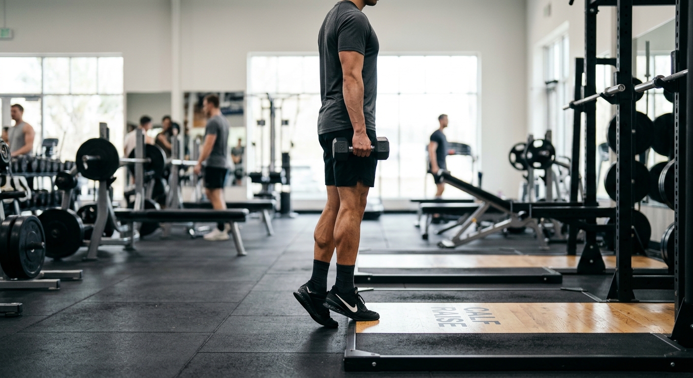 Persoon voert standing calf raise uit in sporthal, staand op de voorvoeten met opgeheven hakken, neutraal sportoutfit.