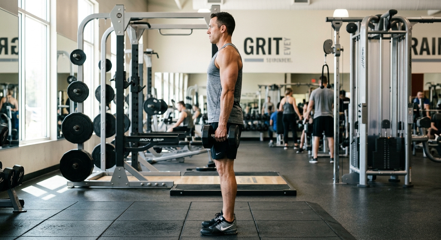 Persoon voert dumbbell shrugs uit met gewichten in beide handen, schouders opgetrokken naar oren.