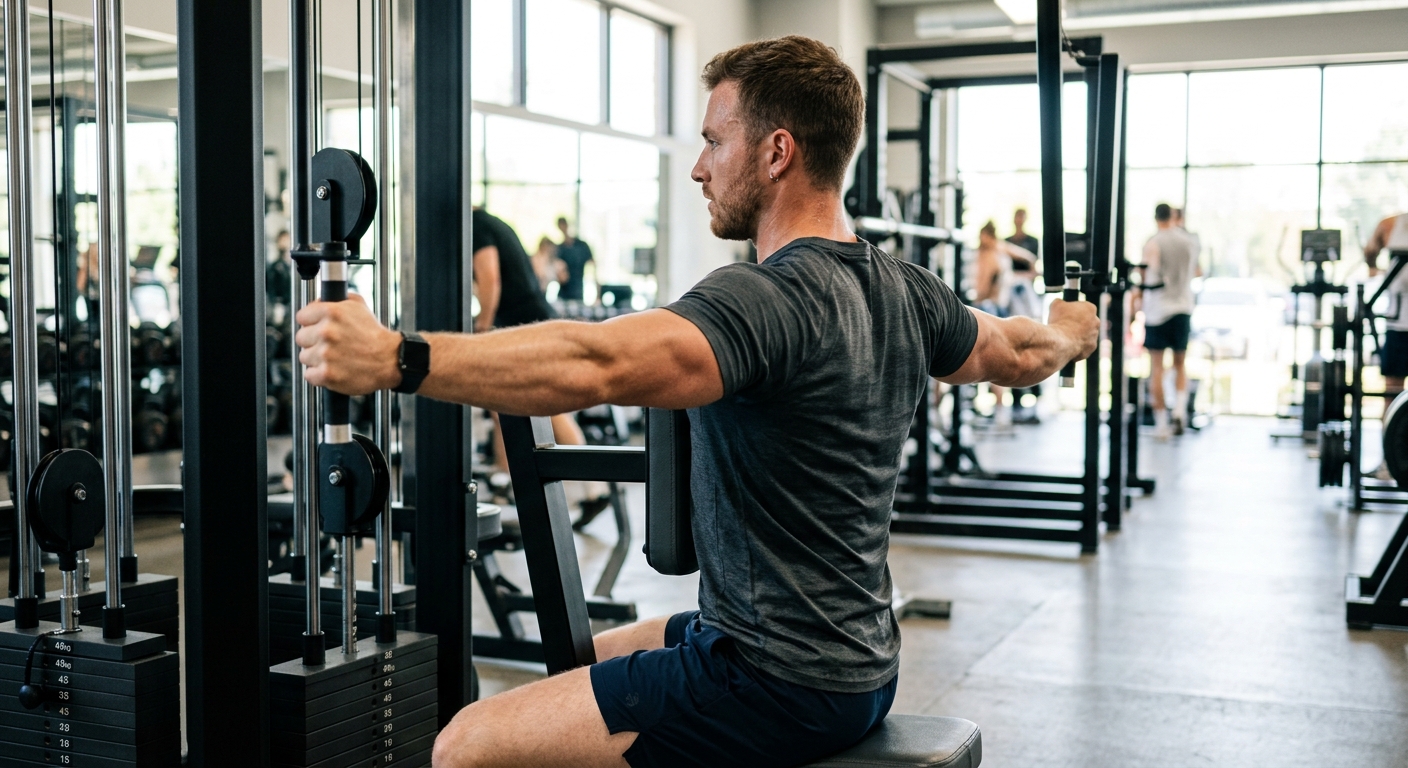 Man voert oefening uit op rear deltoid machine met armen naar buiten en achteren gestrekt.