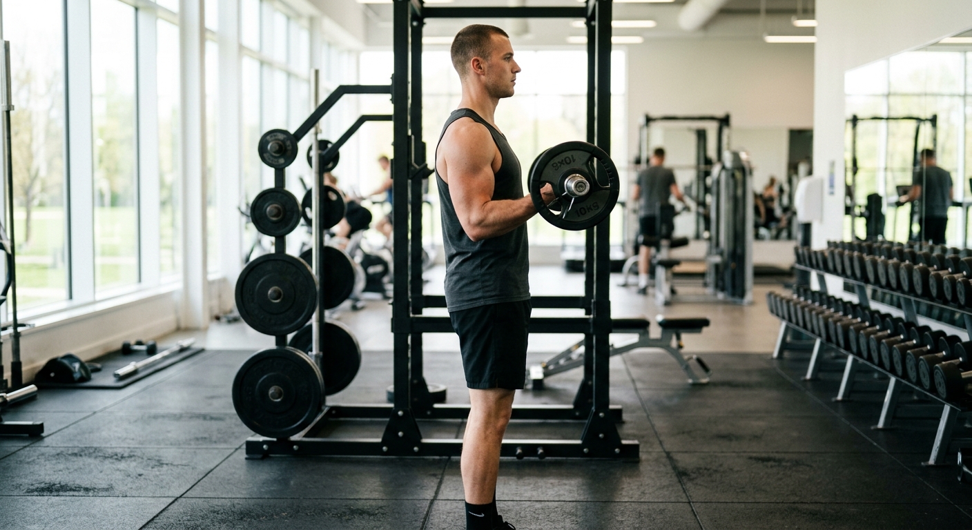 Man voert bicep curl uit met gecontroleerde armbeweging, romp blijft stabiel zonder mee te zwaaien.