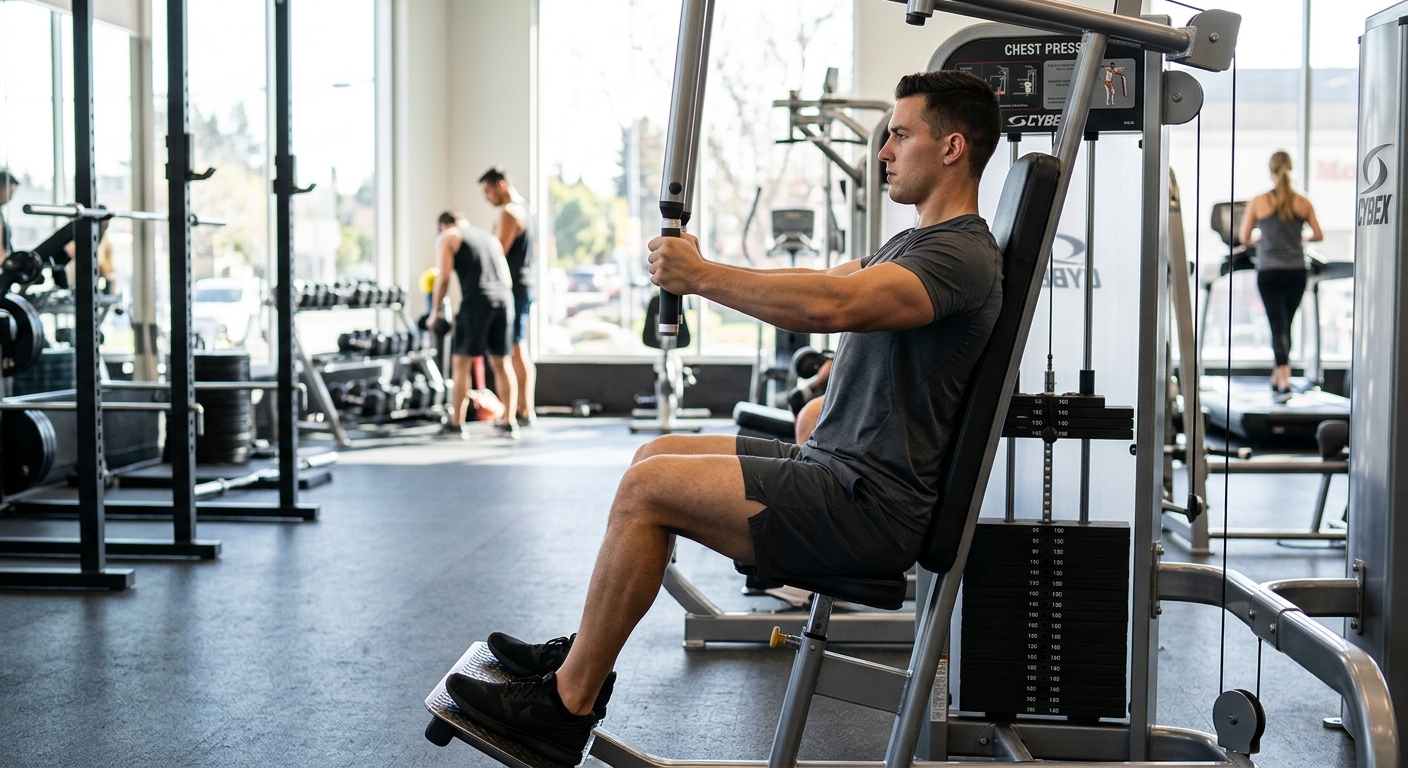 Persoon voert chest press uit op trainingsmachine met gefocuste, horizontale duwbeweging vanuit de borst.