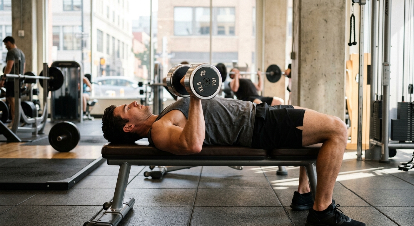 Persoon voert dumbbell bench press uit op een vlakke trainingsbank met halters ter hoogte van de borst.