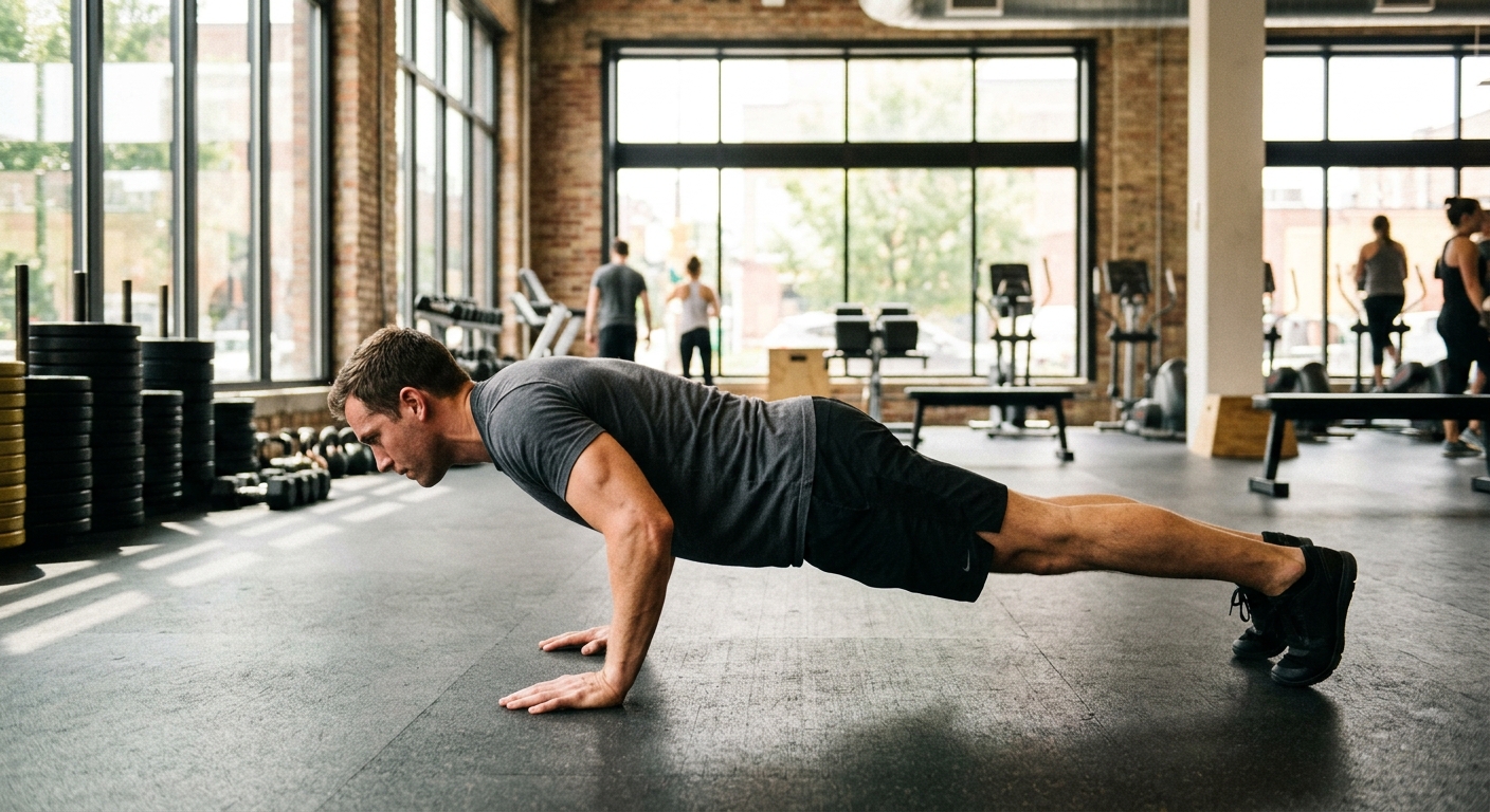 Persoon voert push-up uit in sporthal met natuurlijk licht van opzij gefotografeerd.