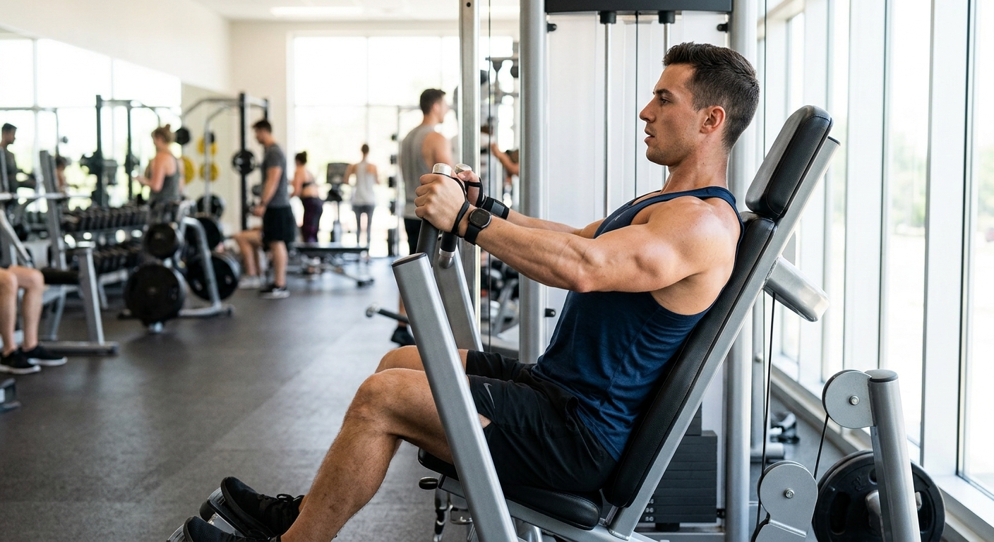 Persoon voert decline chest press uit op trainingsmachine in fitnessruimte met natuurlijk licht.