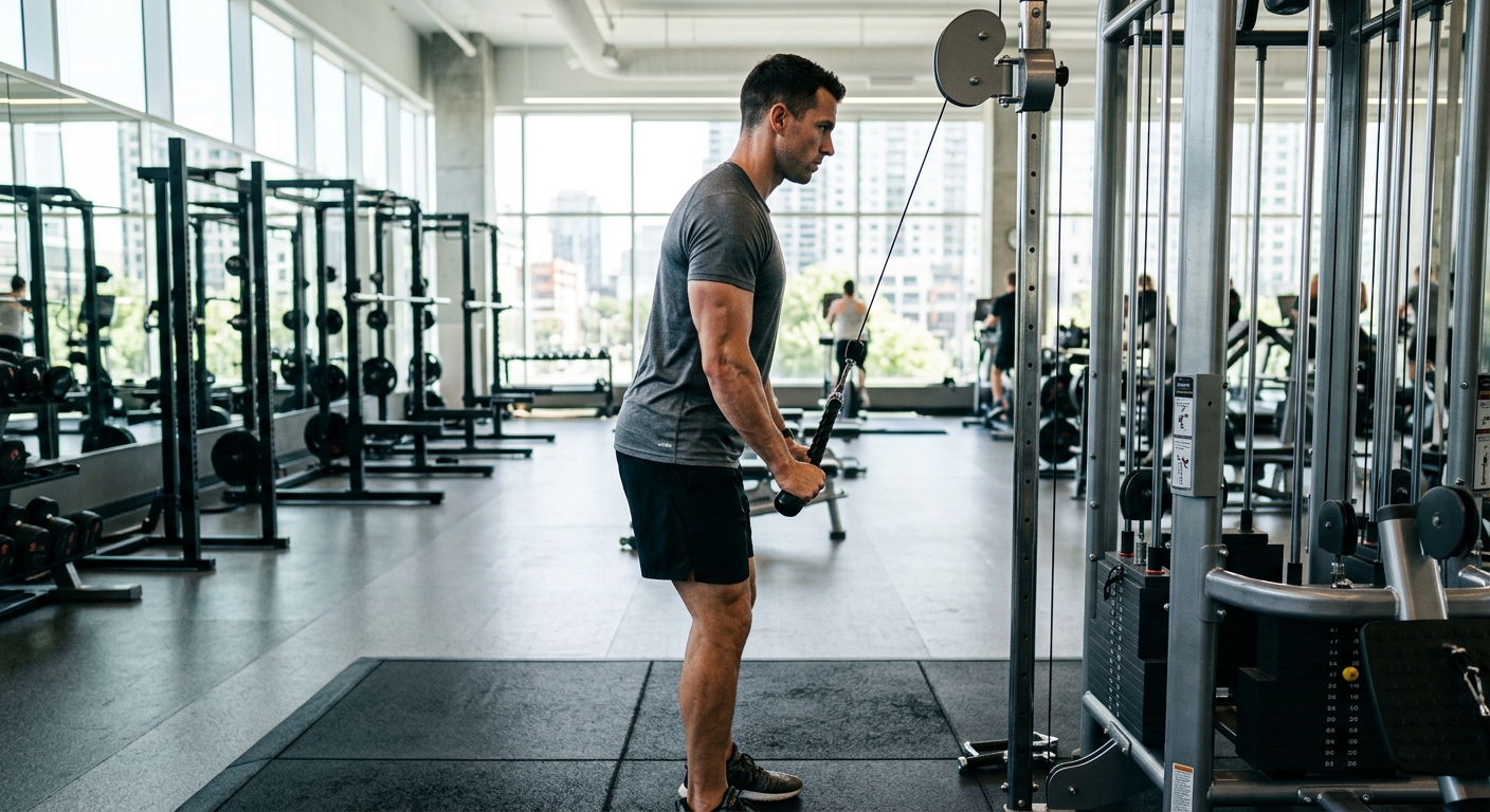 Persoon voert tricep pushdown uit aan kabelmachine met gestrekte armen in sportschool.