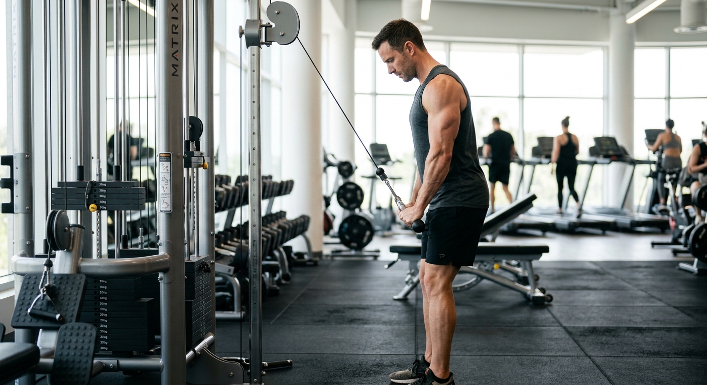 Persoon voert tricep pushdown uit aan kabelapparaat, onderarmen in beweging, romp stabiel.