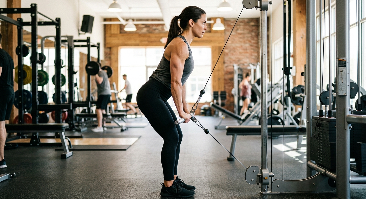 Persoon voert tricep pushdown uit met ellebogen dicht langs het lichaam in een trainingsruimte.