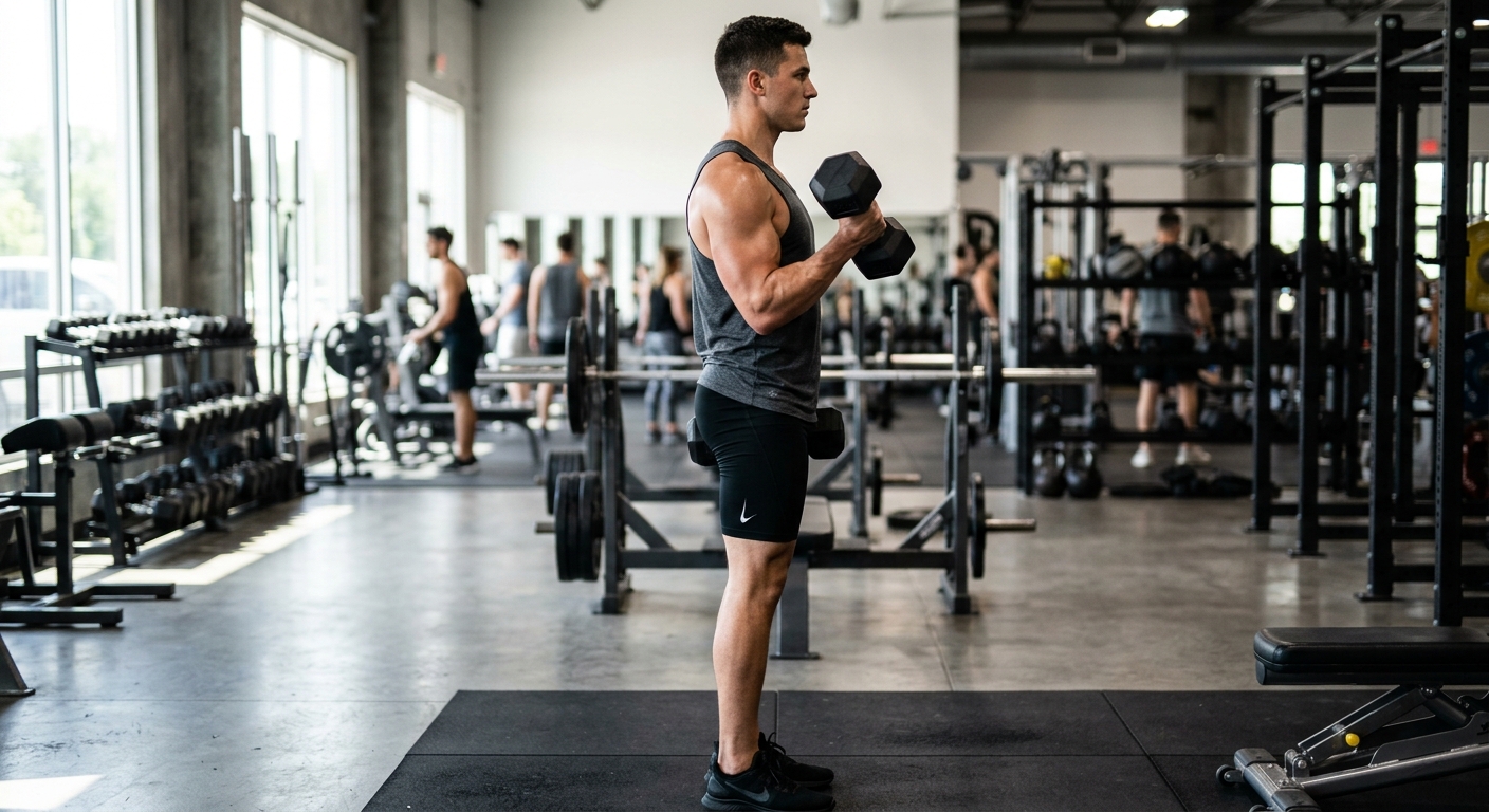 Persoon voert hammer curl uit met halters in neutrale greephouding, trainingsfocus op biceps en onderarmen