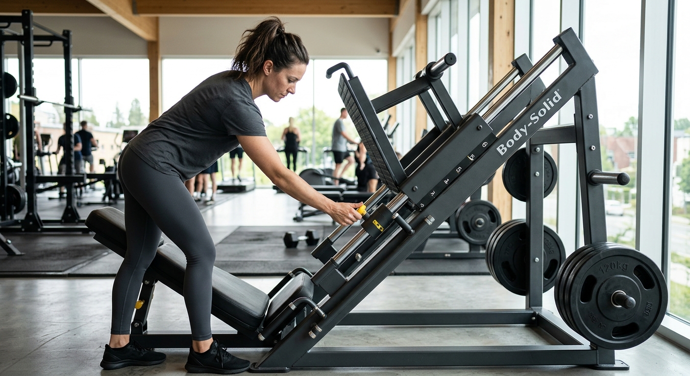 Persoon stelt de zetel en veiligheidsstops van een leg press machine in voor het trainen.