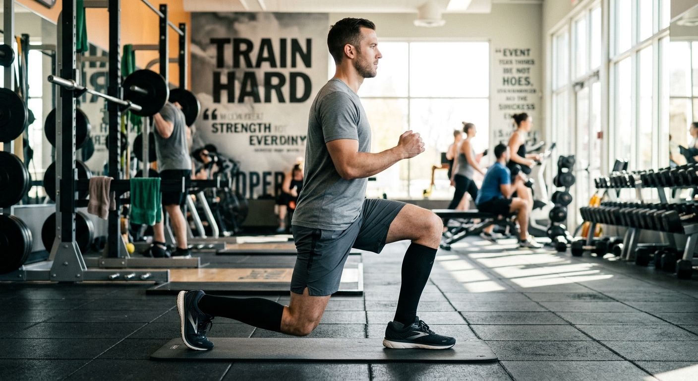 Man voert walking lunges uit in een sporthal, met één been naar voren in een uitvalspositie.