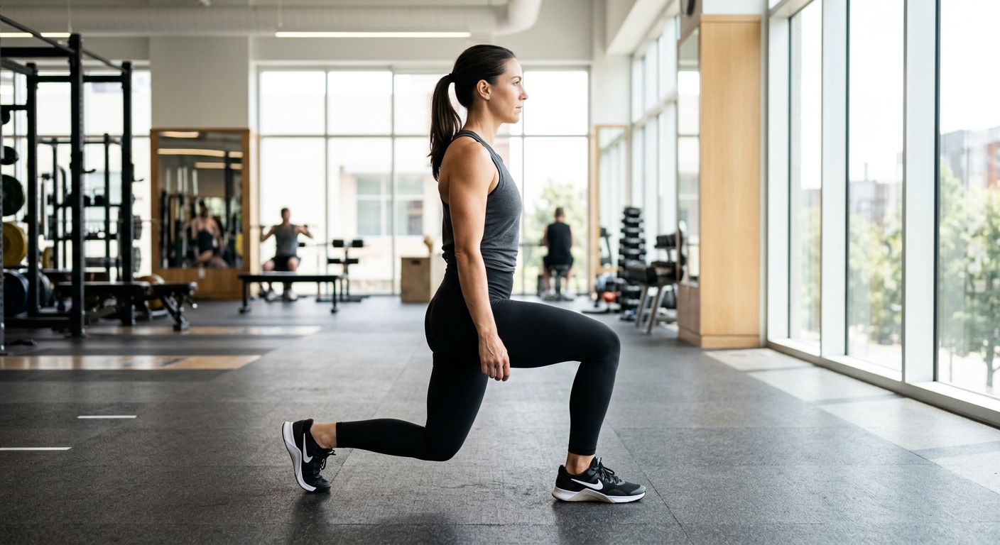 Persoon voert een walking lunge uit met rechtop houding in een sportschool met veel ruimte.