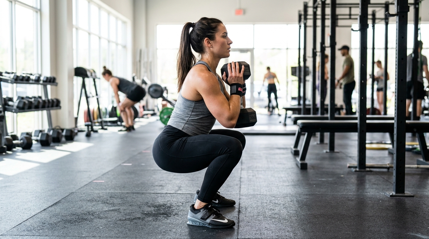 Persoon voert goblet squat uit, dumbbell tegen borst, bovenbenen horizontaal, in sporthal met natuurlijk licht.
