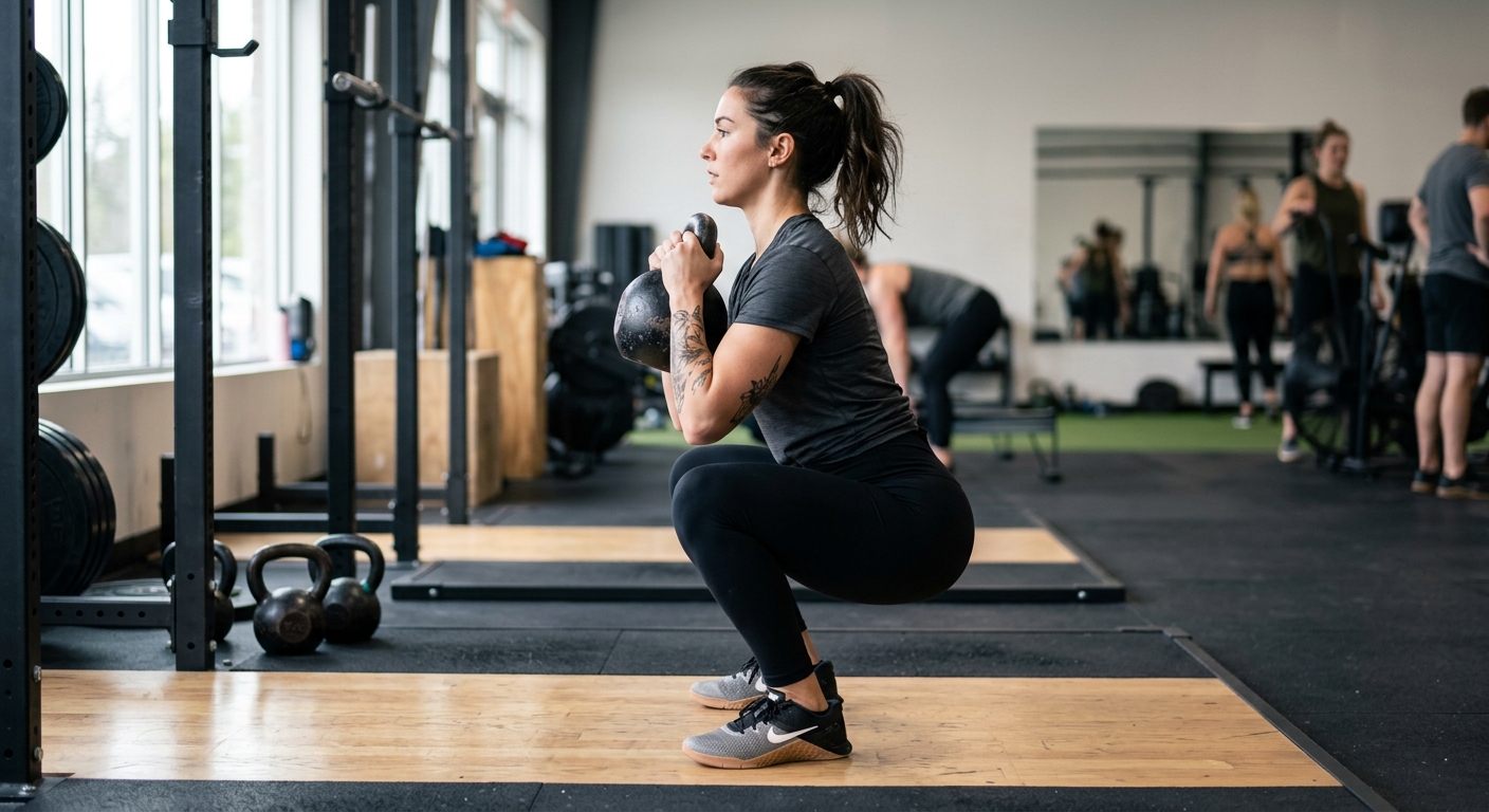 Persoon voert goblet squat uit met kettlebell op borsthoogte, in diepe squatpositie in sportschool.