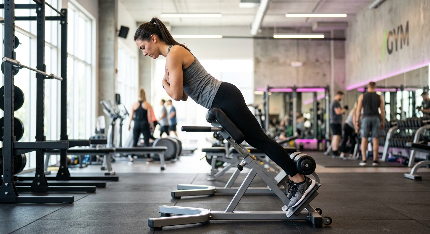 Persoon voert hyperextension uit op een trainingsbank met correct ingestelde kusten onder de heupen.