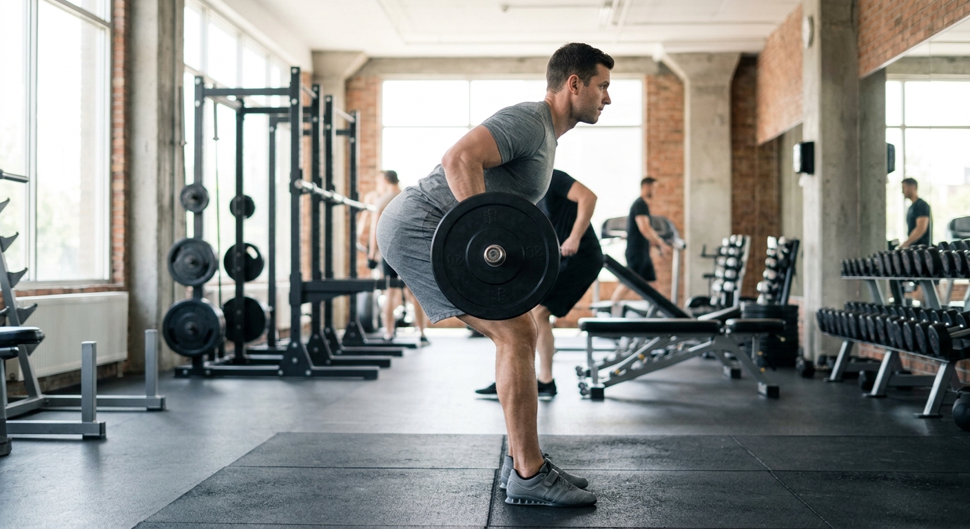 Man voert barbell bent over row uit in sporthal met natuurlijk licht, zijkant fotografisch.