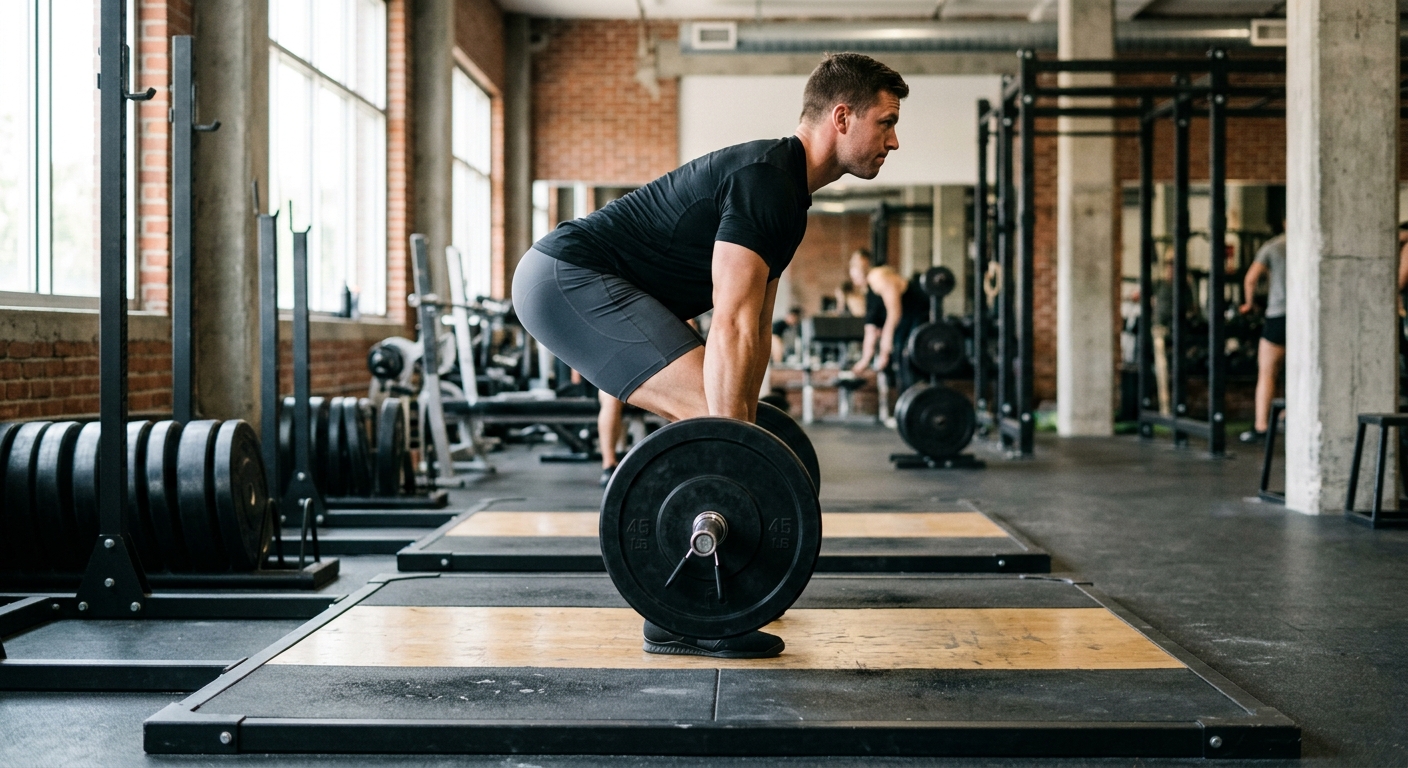 Atleet in zijzicht bij deadlift met neutrale rughouding en stang boven voetmidden.