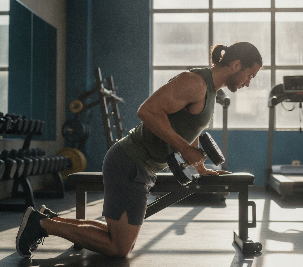 Sporter voert een dumbbell row uit met gestrekte rug en steunende hand op een bank, zijaanzicht in een sportschool.