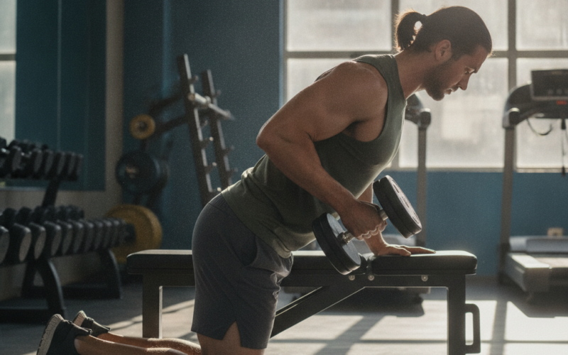 Sporter voert een dumbbell row uit met gestrekte rug en steunende hand op een bank, zijaanzicht in een sportschool.