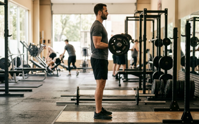 Persoon van opzij gefotografeerd in een sportschool, staand met een barbell en gebogen armen tijdens een curl-beweging