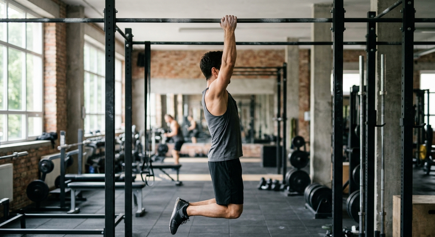 Persoon hangt met onderhandse greep aan een pull-up bar in een sportschool, klaar om een chin up uit te voeren.