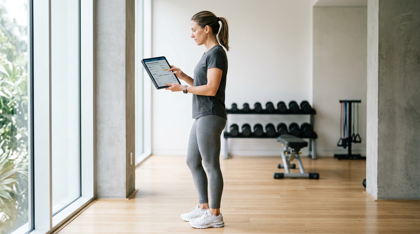 Persoon in sportkleding houdt een notitieboek vast en berekent caloriebehoeften in een sportzaal met natuurlijk licht.