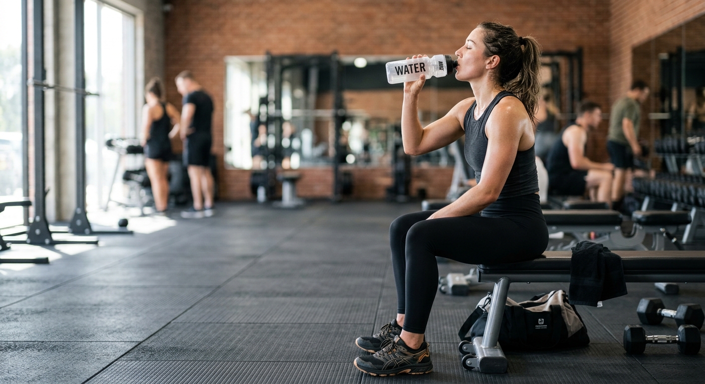 Sporter drinkt water uit een fles na een trainingsessie in een sporthal met natuurlijk licht.