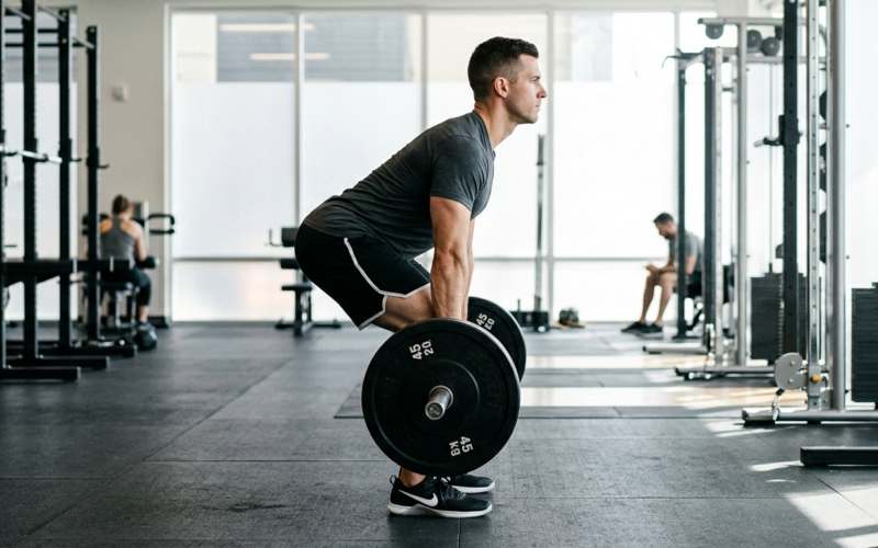 Persoon voert krachttraining uit met focus op grote spiergroepen en hele lichaamsbetrokkenheid.