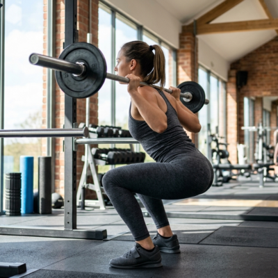 Persoon voert een squat uit met een halter, gecontroleerde beweging in een trainingsstudio met natuurlijk licht.