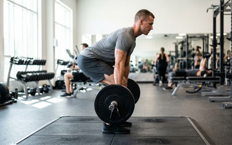 Persoon voert een deadlift uit met halter in een heldere trainingsruimte, gezien vanaf de zijkant.