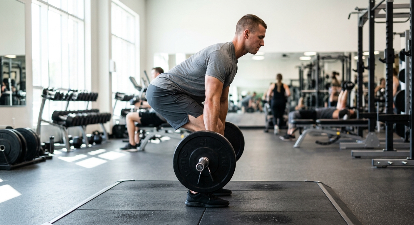 Persoon voert een deadlift uit met halter in een heldere trainingsruimte, gezien vanaf de zijkant.