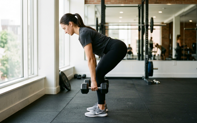 Iemand voert een krachtsoefening uit met aandacht voor juiste houding en gecontroleerde beweging.