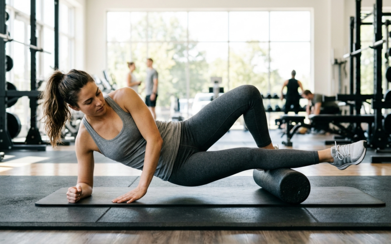 Persoon rolt voorzichtig met een foam roller langs het onderbeen, met gecontroleerde, trage bewegingen.
